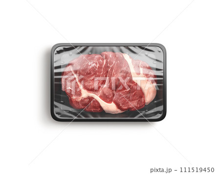 Blank transparent plastic tray with beef mockup, top view 111519450