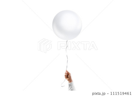 Hand holding blank white sphere balloon mockup, isolated 111519461