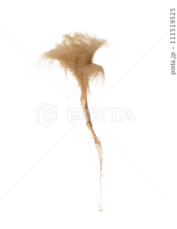Sand Flower shape, throwing sand in air and spin as shape of flower. Fine Sand circle around, White background Isolated throwing particle element object 111519525