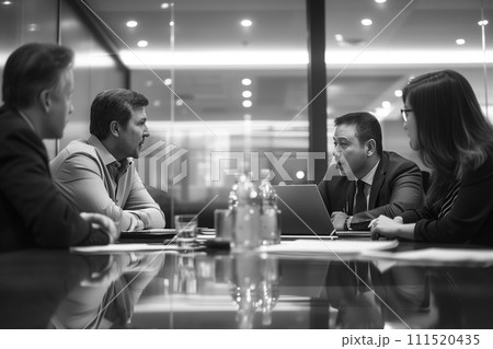 Business meeting analytics concept, Monochrome image of professionals engaged in a serious business meeting, with focus on interaction and corporate strategy discussion. Business meeting analytics concept, Monochrome image of professionals engaged in a serious business meeting, with focus on interaction and corporate strategy discussion. 111520435
