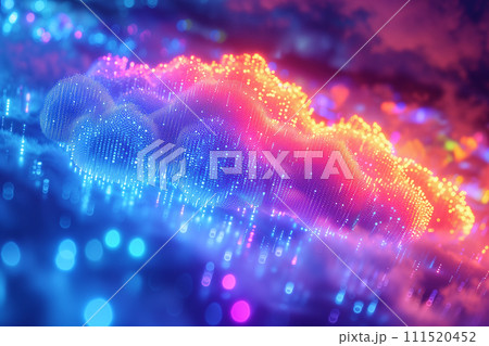 Cloud computing concept, A vivid conceptual artwork of cloud computing, with a glowing digital cloud over a networked grid representing data transfer and internet connectivity. Cloud computing concept, A vivid conceptual artwork of cloud computing, with a glowing digital cloud over a networked grid representing data transfer and internet connectivity. 111520452