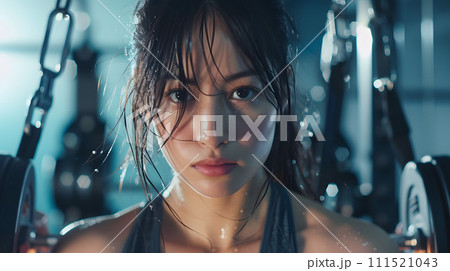 汗をかいて集中するジムでトレーニング中のアジア人女性 汗をかいて集中するジムでトレーニング中のアジア人女性 111521043