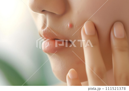ニキビを気にするアジア人女性のクローズアップ写真 ニキビを気にするアジア人女性のクローズアップ写真 111521378