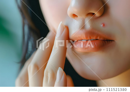 ニキビを気にするアジア人女性のクローズアップ写真 111521380