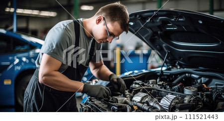 AI-generated content. Mechanical Car Repair: A Skilled Technician Check Working with Tools in an Automotive Workshop AI-generated content. Mechanical Car Repair: A Skilled Technician Check Working with Tools in an Automotive Workshop 111521443