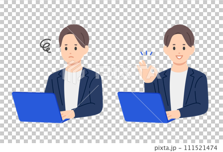 一群商務人士看著電腦，擔心著，擺著 OK 的姿勢【人物矢量圖素材】 111521474