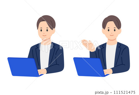 パソコンを見る・案内のポーズをするビジネスパーソン男性のセット【人物ベクターイラスト素材】 パソコンを見る・案内のポーズをするビジネスパーソン男性のセット【人物ベクターイラスト素材】 111521475