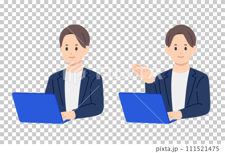 パソコンを見る・案内のポーズをするビジネスパーソン男性のセット【人物ベクターイラスト素材】 パソコンを見る・案内のポーズをするビジネスパーソン男性のセット【人物ベクターイラスト素材】 111521475