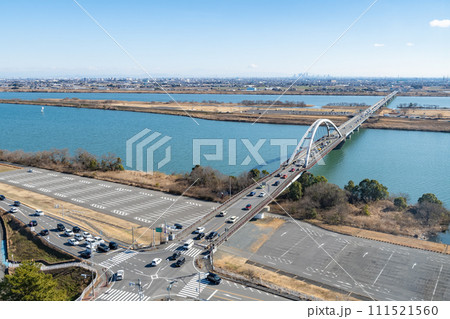 木曽三川(長良川、木曽川)と名古屋市方面の眺望・岐阜県海津市 木曽三川(長良川、木曽川)と名古屋市方面の眺望・岐阜県海津市 111521560