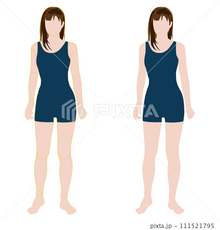 普通のスタイルの前を向いた女性の顔なし全身イラスト。輪郭線の有り無しセット。09スイムスーツ。 111521795