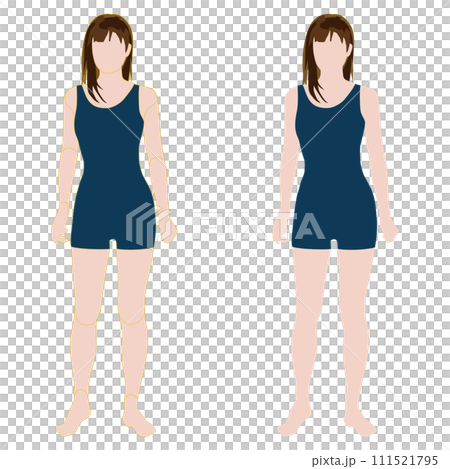 普通のスタイルの前を向いた女性の顔なし全身イラスト。輪郭線の有り無しセット。09スイムスーツ。 111521795