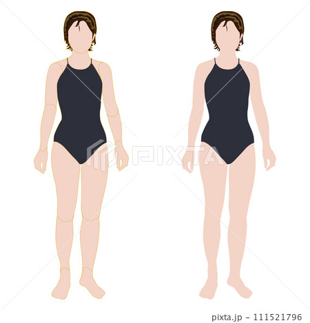 普通のスタイルの前を向いた女性の顔なし全身イラスト。輪郭線の有り無しセット。08スイムスーツ。 111521796