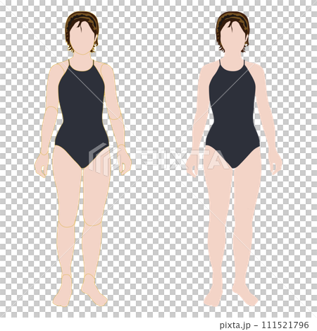 普通のスタイルの前を向いた女性の顔なし全身イラスト。輪郭線の有り無しセット。08スイムスーツ。 111521796