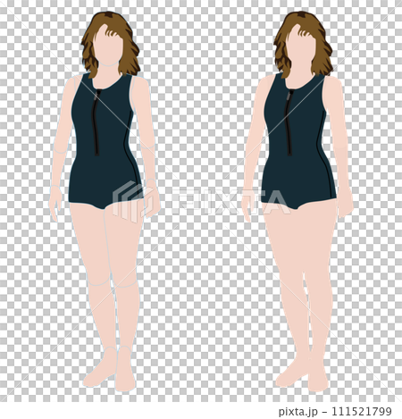 一個不露面的全身插圖，描繪了一個以正常風格期待未來的女人。有和沒有輪廓線的一組。 05 潛水服。 111521799