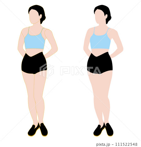 普通のスタイルの前を向いた女性の顔なし全身イラスト。輪郭線の有り無しセット。20レギンス。 111522548