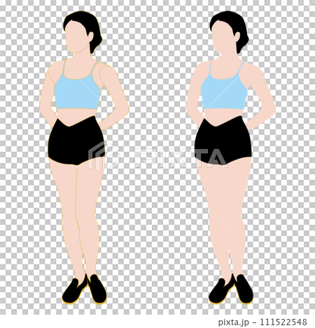 普通のスタイルの前を向いた女性の顔なし全身イラスト。輪郭線の有り無しセット。20レギンス。 111522548