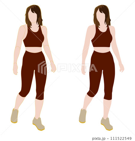 普通のスタイルの前を向いた女性の顔なし全身イラスト。輪郭線の有り無しセット。19レギンス。 111522549