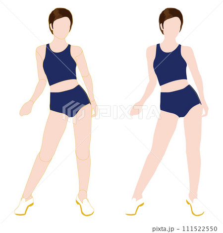 普通のスタイルの前を向いた女性の顔なし全身イラスト。輪郭線の有り無しセット。18レギンス。 111522550