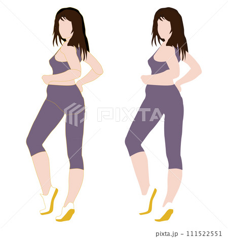 普通のスタイルの前を向いた女性の顔なし全身イラスト。輪郭線の有り無しセット。17レギンス。 111522551