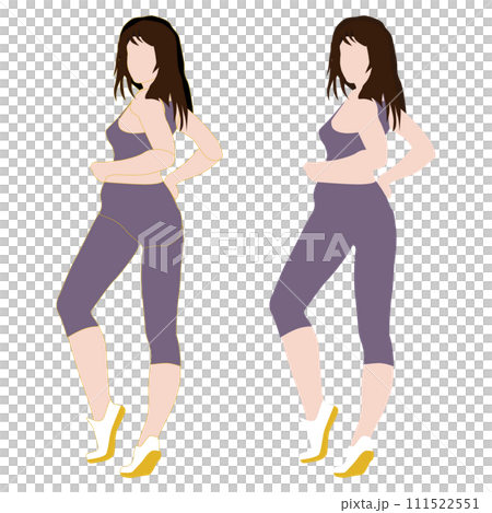 普通のスタイルの前を向いた女性の顔なし全身イラスト。輪郭線の有り無しセット。17レギンス。 111522551