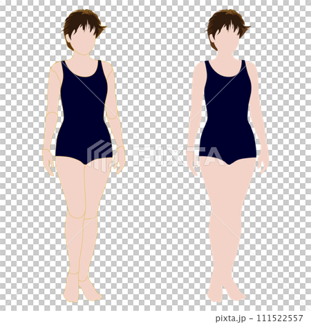 一個不露面的全身插圖,描繪了一個以正常風格期待未來的女人。有和沒有輪廓線的一組。 11 泳衣。 一個不露面的全身插圖,描繪了一個以正常風格期待未來的女人。有和沒有輪廓線的一組。 11 泳衣。 111522557