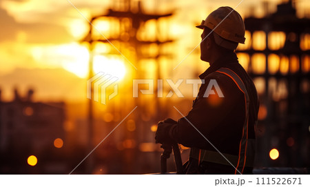 Construction Worker Overlooking Site at Sunset Construction Worker Overlooking Site at Sunset 111522671