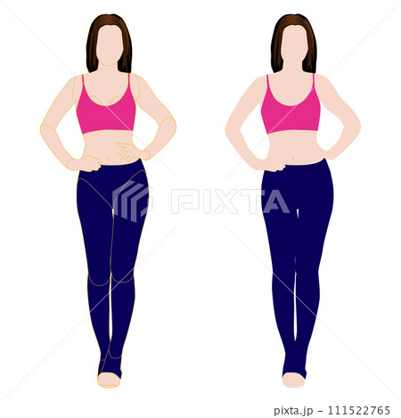 普通のスタイルの前を向いた女性の顔なし全身イラスト。輪郭線の有り無しセット。21レギンス。 111522765
