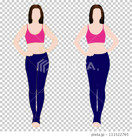 普通のスタイルの前を向いた女性の顔なし全身イラスト。輪郭線の有り無しセット。21レギンス。 111522765
