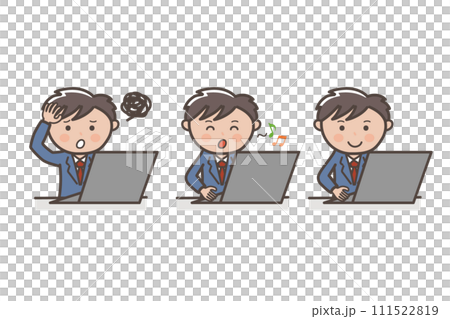 パソコン作業をする若い男性ビジネスマンセット_順調_困る パソコン作業をする若い男性ビジネスマンセット_順調_困る 111522819