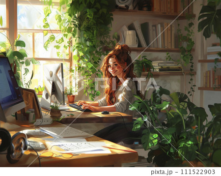 AI-generated content. Illustration drawing of redheaded girl at computer at desk sunny bright. Generative AI 111522903