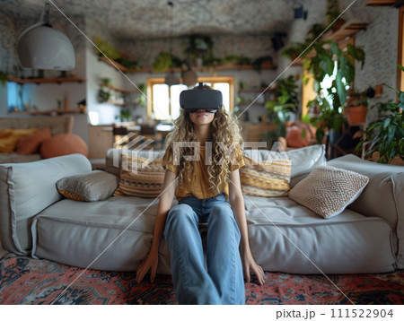 AI-generated content. Girl in the living room on the couch wearing virtual reality goggles.Generative AI 111522904