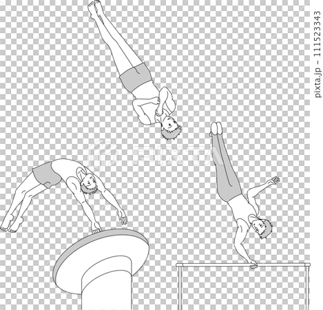 Monochrome line drawing set of male gymnasts Monochrome line drawing set of male gymnasts 111523343
