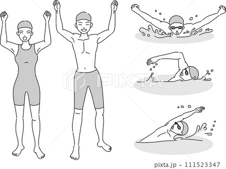 競泳と水泳選手のモノクロ線画セット 111523347