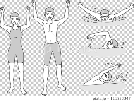競泳と水泳選手のモノクロ線画セット 111523347
