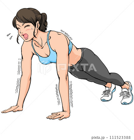 腕立て伏せする若い女性_キツそうな表情 111523388