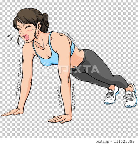 腕立て伏せする若い女性_キツそうな表情 111523388