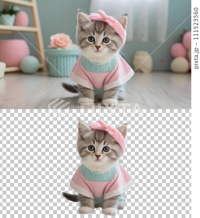 穿著柔和顏色衣服的小貓(有/無背景)| 處理後的 adobe AI 生成圖像以清除版權問題 穿著柔和顏色衣服的小貓(有/無背景)| 處理後的 adobe AI 生成圖像以清除版權問題 111523560