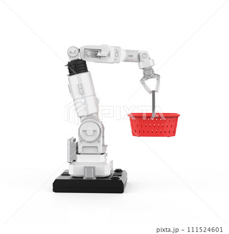 Robotic arm hold empty red basket for harvesting or shopping 111524601