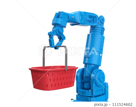 Robotic arm hold empty red basket for harvesting or shopping 111524602