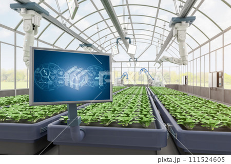 Agriculture technology with robot assistant in indoor farm or glasshouse 111524605