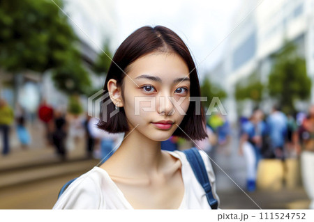 street snapshot image of smiling Asian young woman with light makeup 111524752