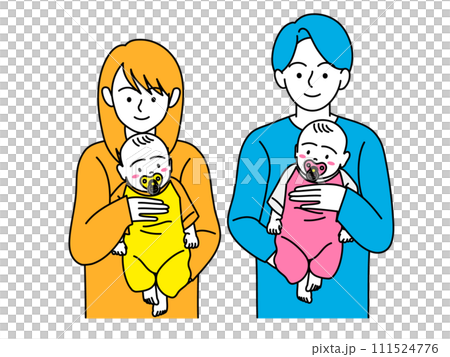 一對夫婦抱著嘴裡含著奶嘴的嬰兒 111524776