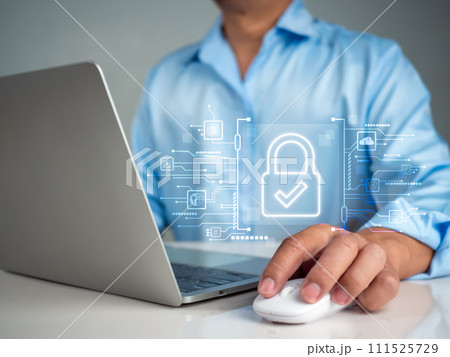 Businessman using computer secure encryption technology, cybersecurity privacy of data protection, security Internet access, security encryption of user private data, business confidentiality. 111525729