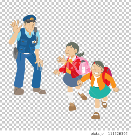 Illustration of a police officer waving to children going to school 111526595