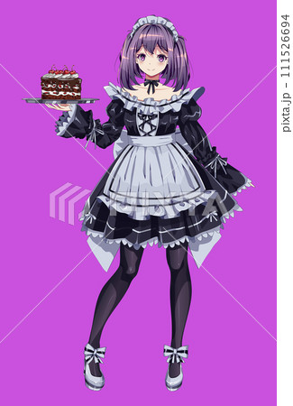 Smiling girl with cake in maid cafe dress color cartoon character Smiling girl with cake in maid cafe dress color cartoon character 111526694