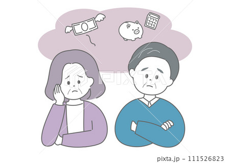 お金の心配を抱える高齢の男女のイラスト お金の心配を抱える高齢の男女のイラスト 111526823