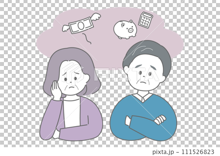 お金の心配を抱える高齢の男女のイラスト お金の心配を抱える高齢の男女のイラスト 111526823