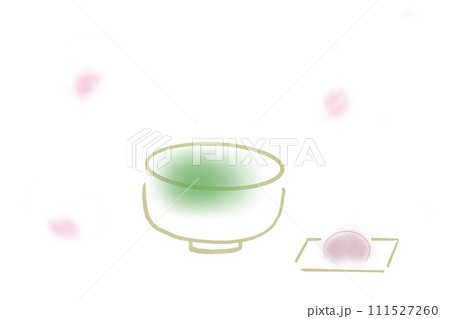 桜の花びら3枚舞う抹茶と和菓子のイラスト 111527260