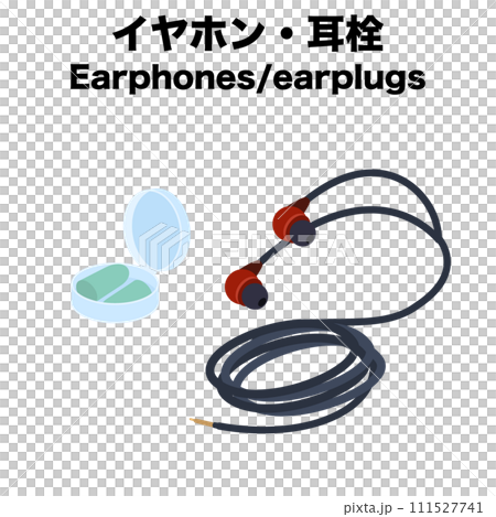 Isometric illustration of earphones and earplugs Isometric illustration of earphones and earplugs 111527741