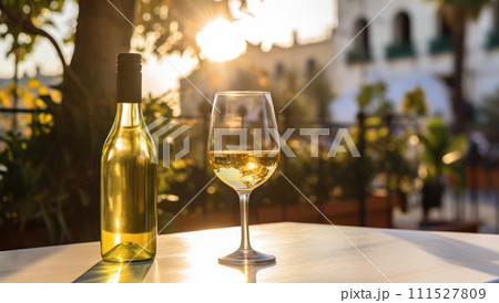 AI-generated content. Sunset Romance: Wine Tasting and Celebrating White Wine at a Vintage Winery on an Elegant Restaurant Table with Blurred Background of a Summer Outdoor Party 111527809